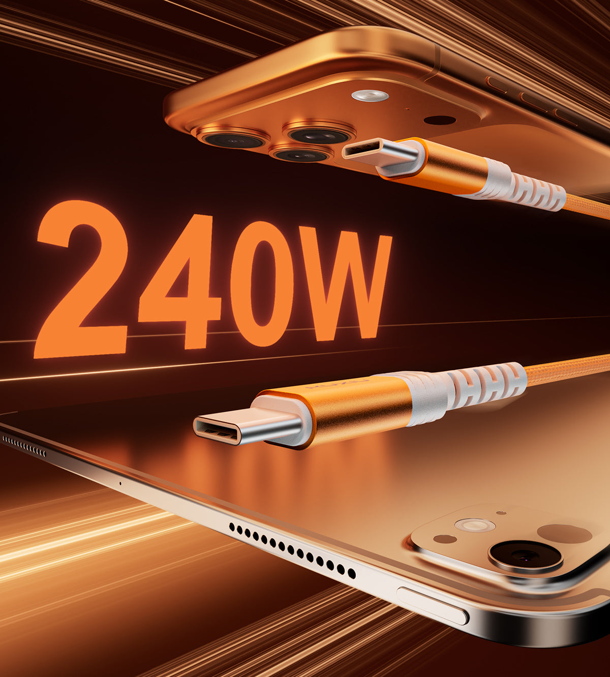 KUXIU 240W 1.5m 形状記憶マグネットケーブル - コズミックオレンジ