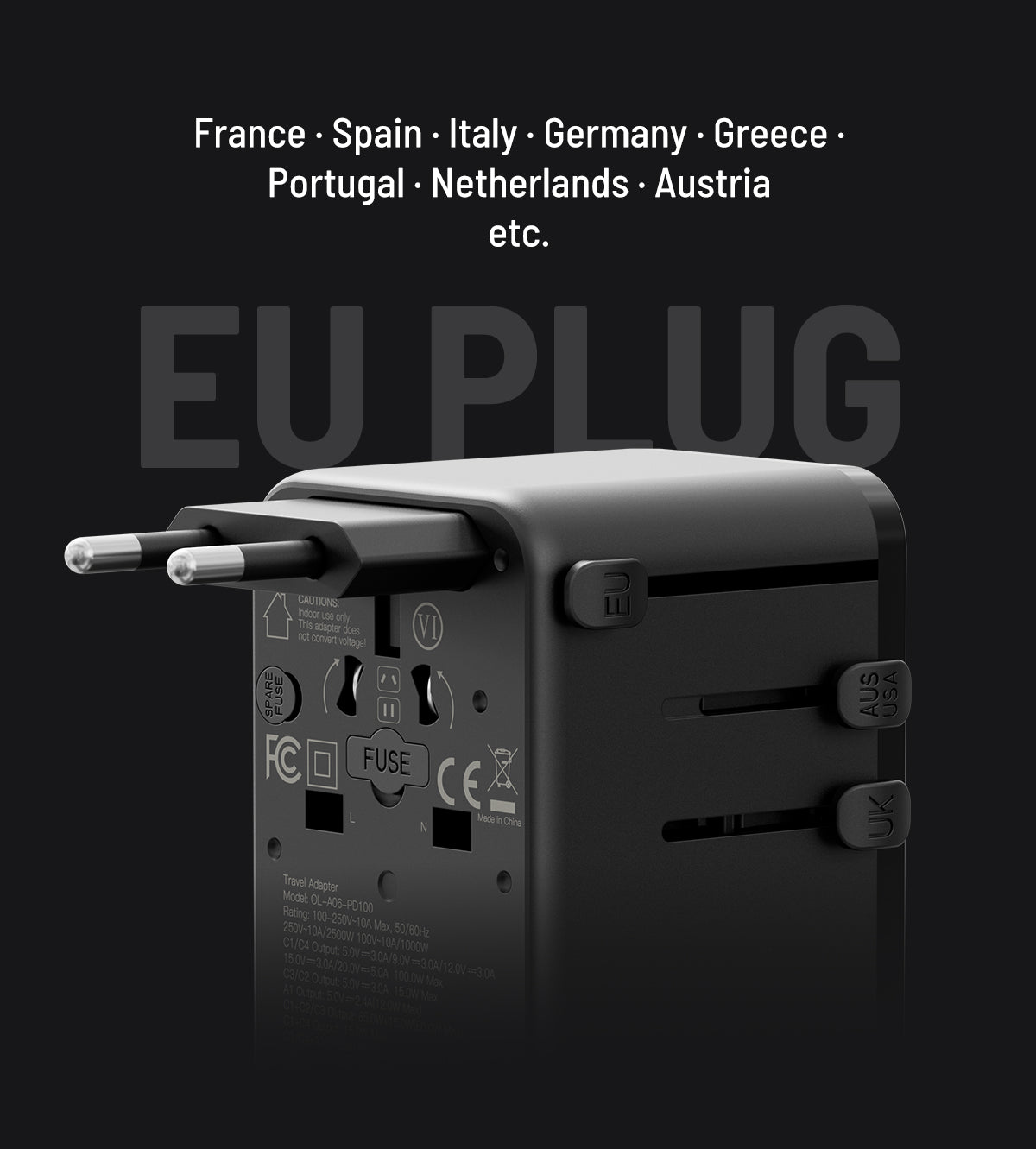 KUXIU 100W Universal Travel Adapter with Built-in Retractable Cable