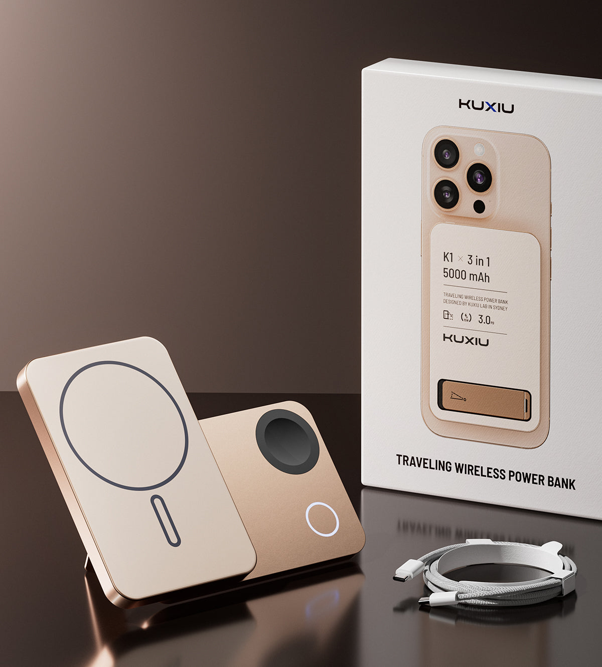 KUXIU K1 Power Bank MagSafe 3 in 1 a Ricarica Rapida da 15W - 5000mAh - Titanio desertico