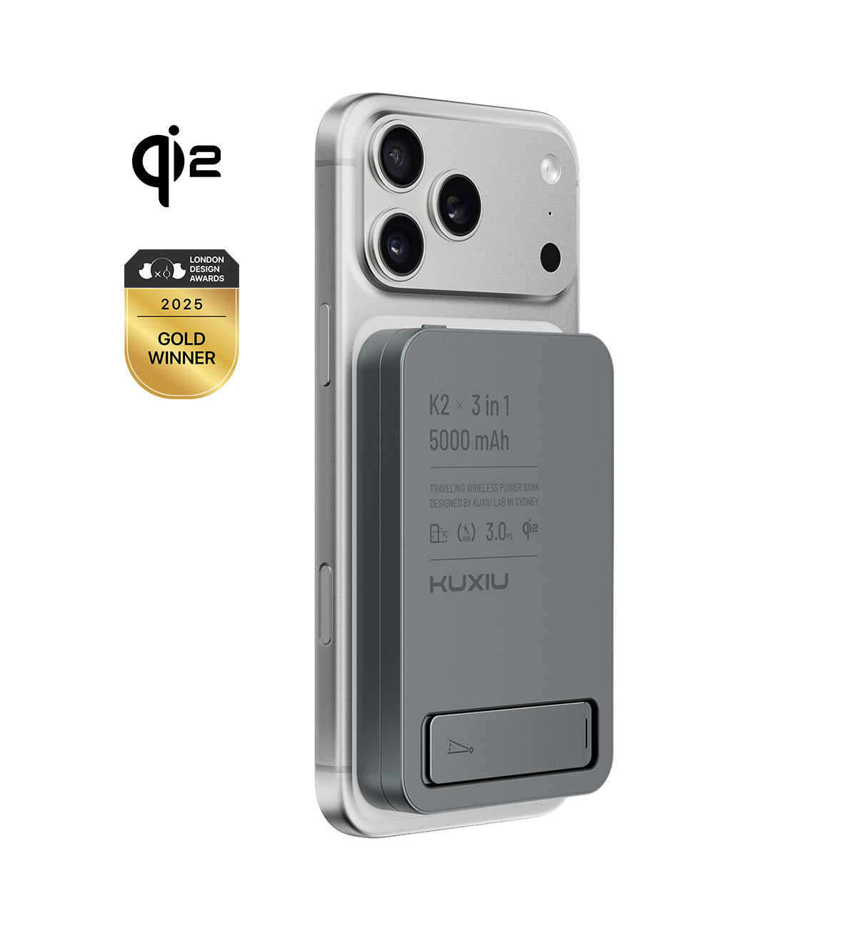 KUXIU K2 3-in-1 MagSafe Powerbank mit Qi2 15W Schnellladung - Grau