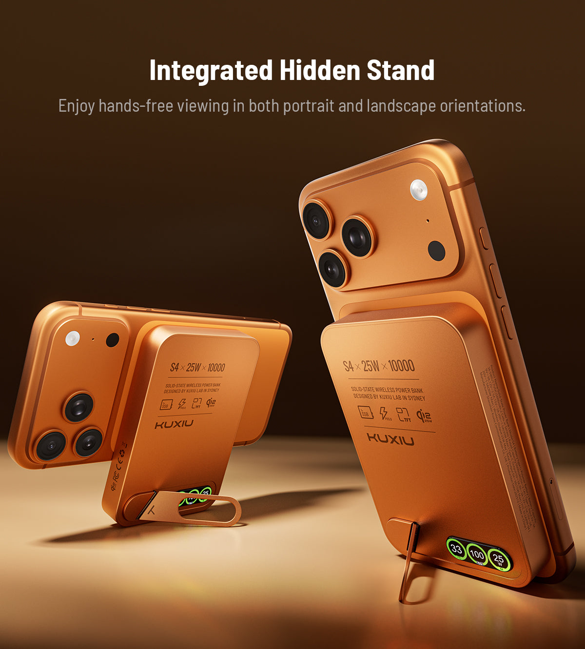KUXIU S4 Qi2.2 25W Batterie externe sans fil sécurisée semi-solide en alliage d’aluminium 10000mAh — Orange Cosmique
