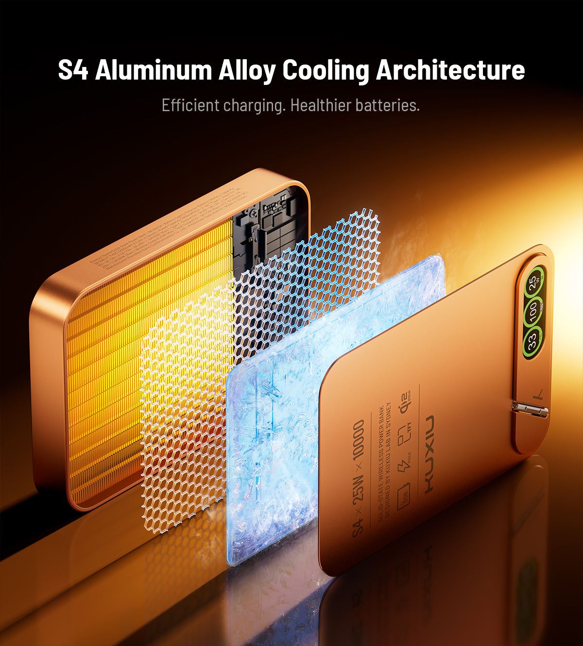 KUXIU S4 Qi2.2 25W Batterie externe sans fil sécurisée semi-solide en alliage d’aluminium 10000mAh — Orange Cosmique