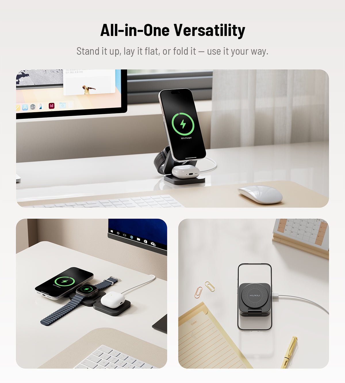 KUXIU X55 Turbo Qi2.2 Certified 25W 3-in-1 MagSafe Foldable Wireless Charging Stand - Black