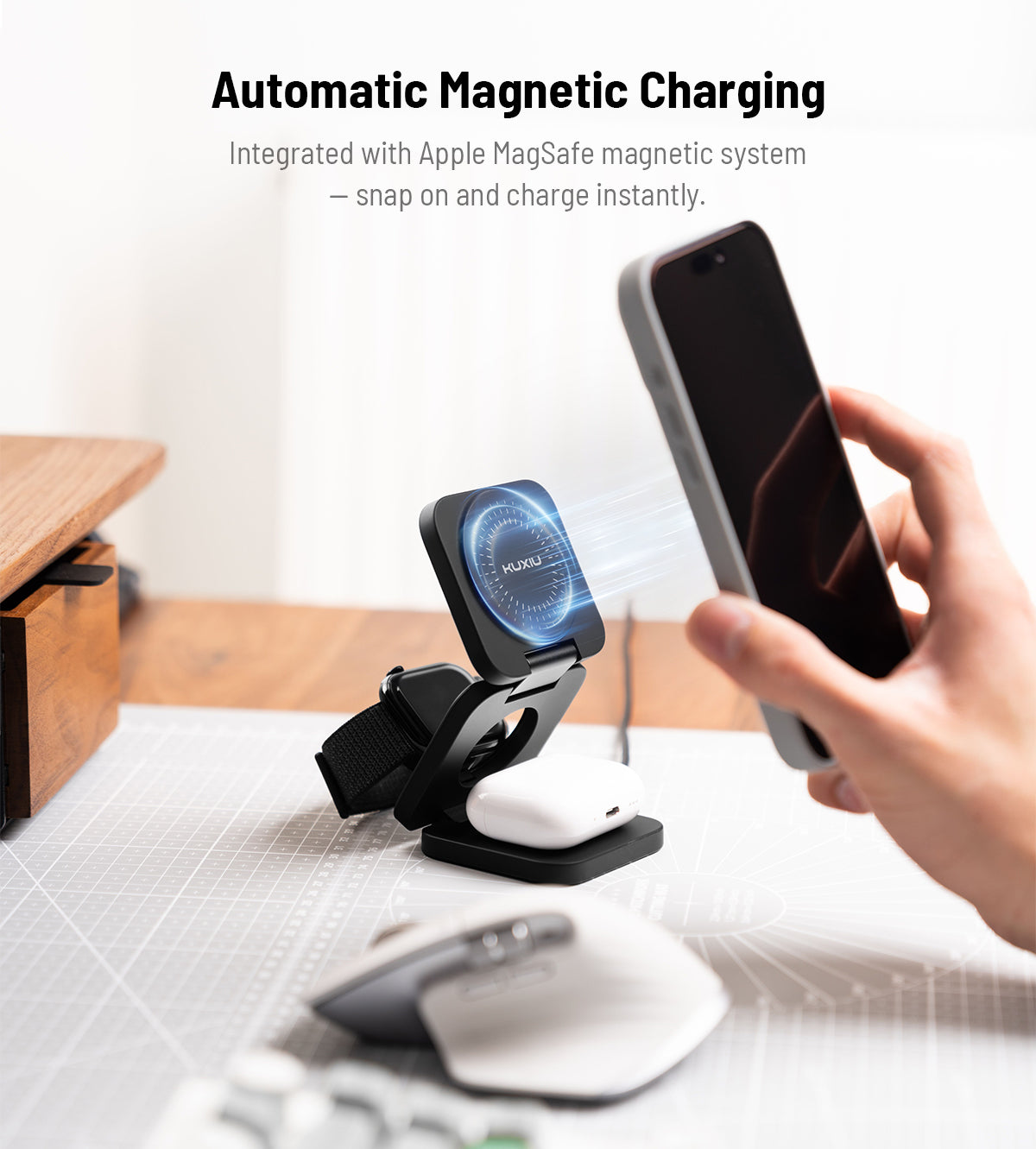 KUXIU X55 Turbo Qi2.2 Certified 25W 3-in-1 MagSafe Foldable Wireless Charging Stand - Black