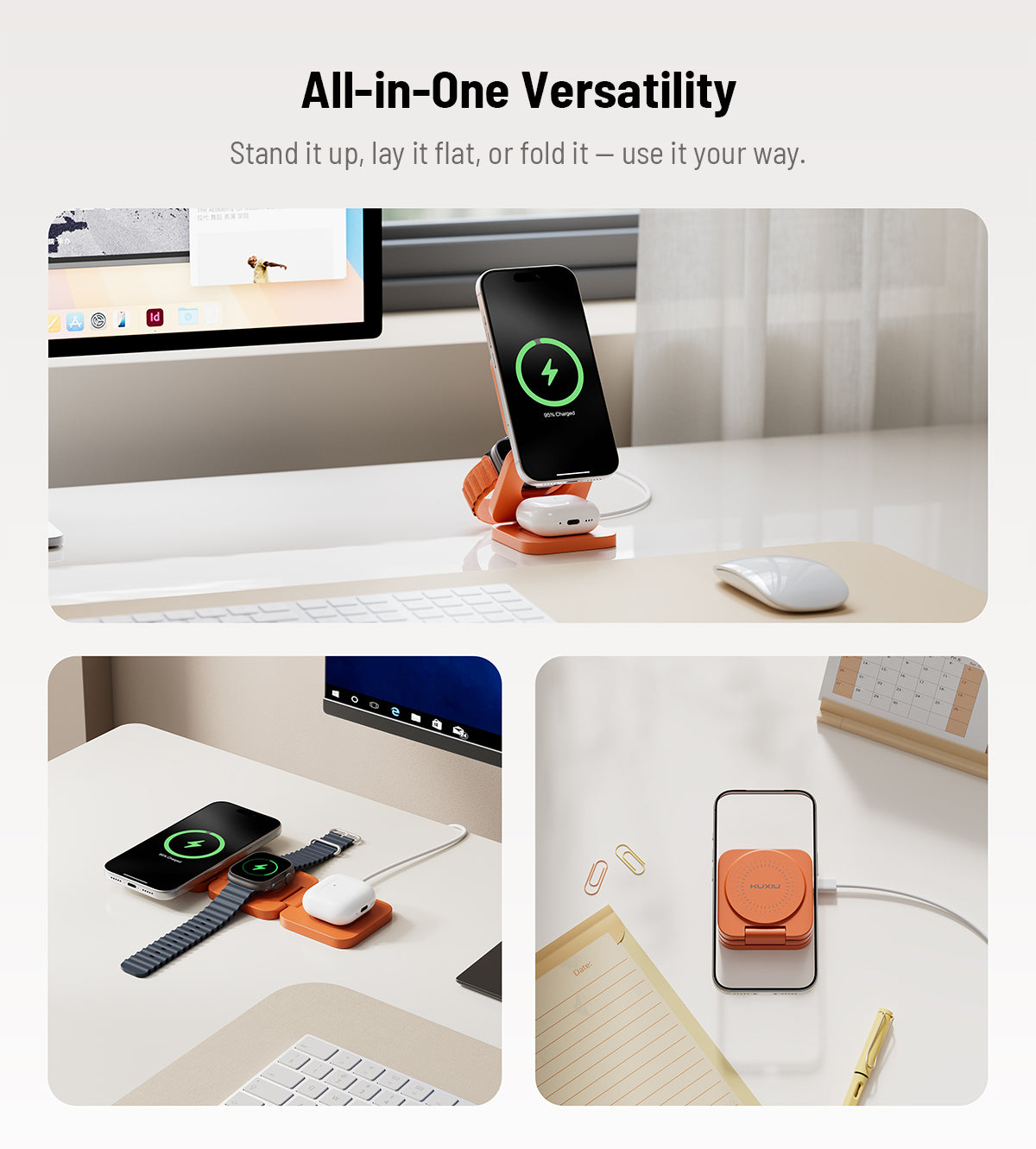 KUXIU X55 Turbo Qi2.2 Certified 25W 3-in-1 MagSafe Foldable Wireless Charging Stand - Orange