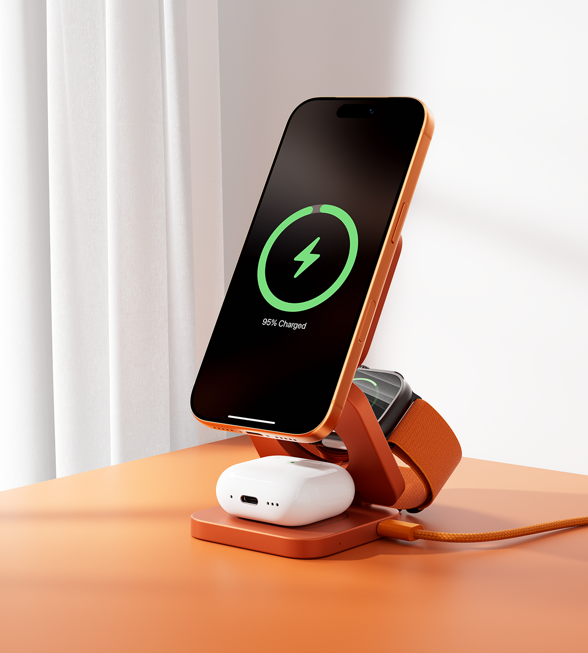 KUXIU X55 Turbo Qi2.2 Certified 25W 3-in-1 MagSafe Foldable Wireless Charging Stand - Orange