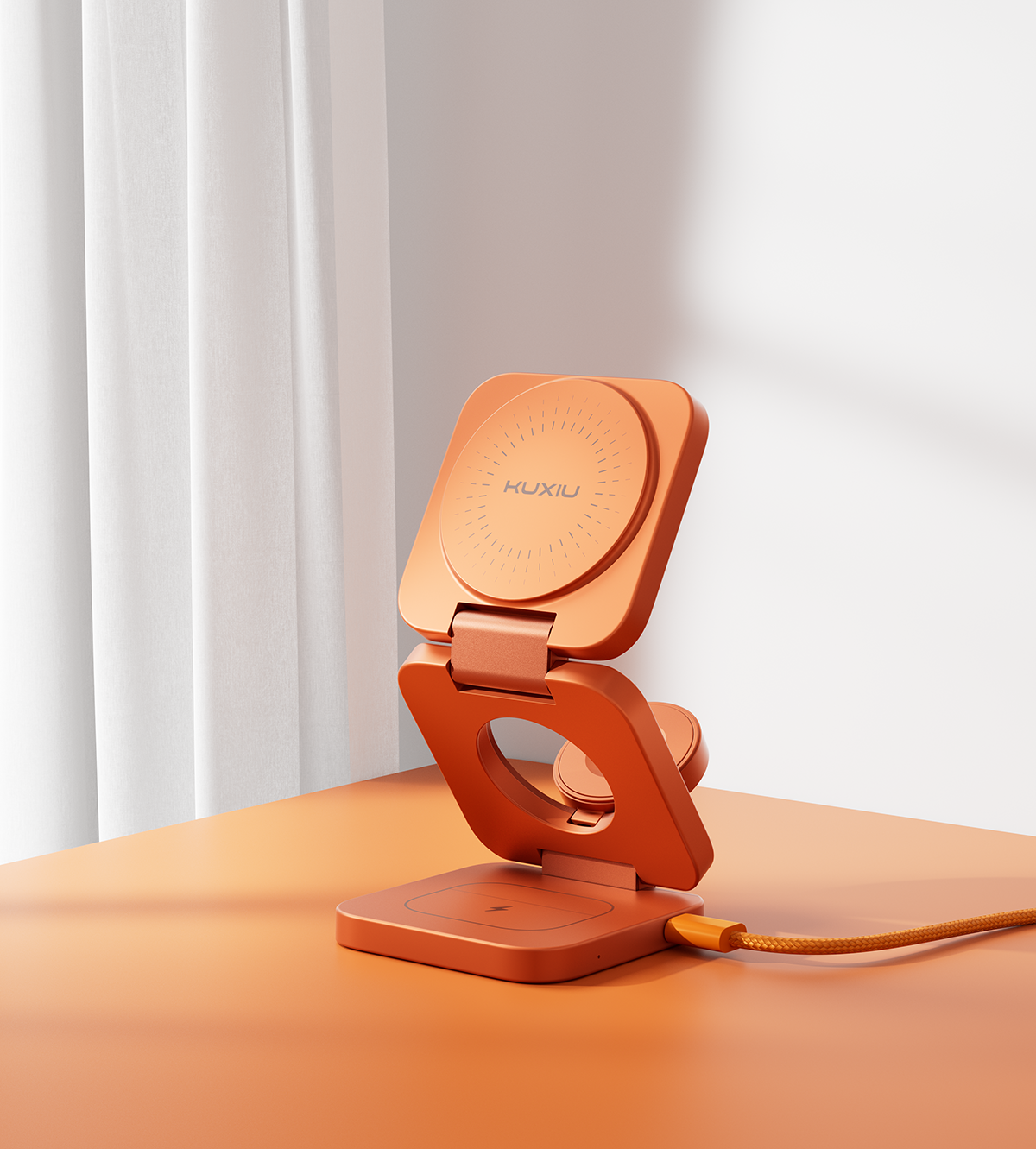 KUXIU X55 Turbo Qi2.2 Certified 25W 3-in-1 MagSafe Foldable Wireless Charging Stand - Orange