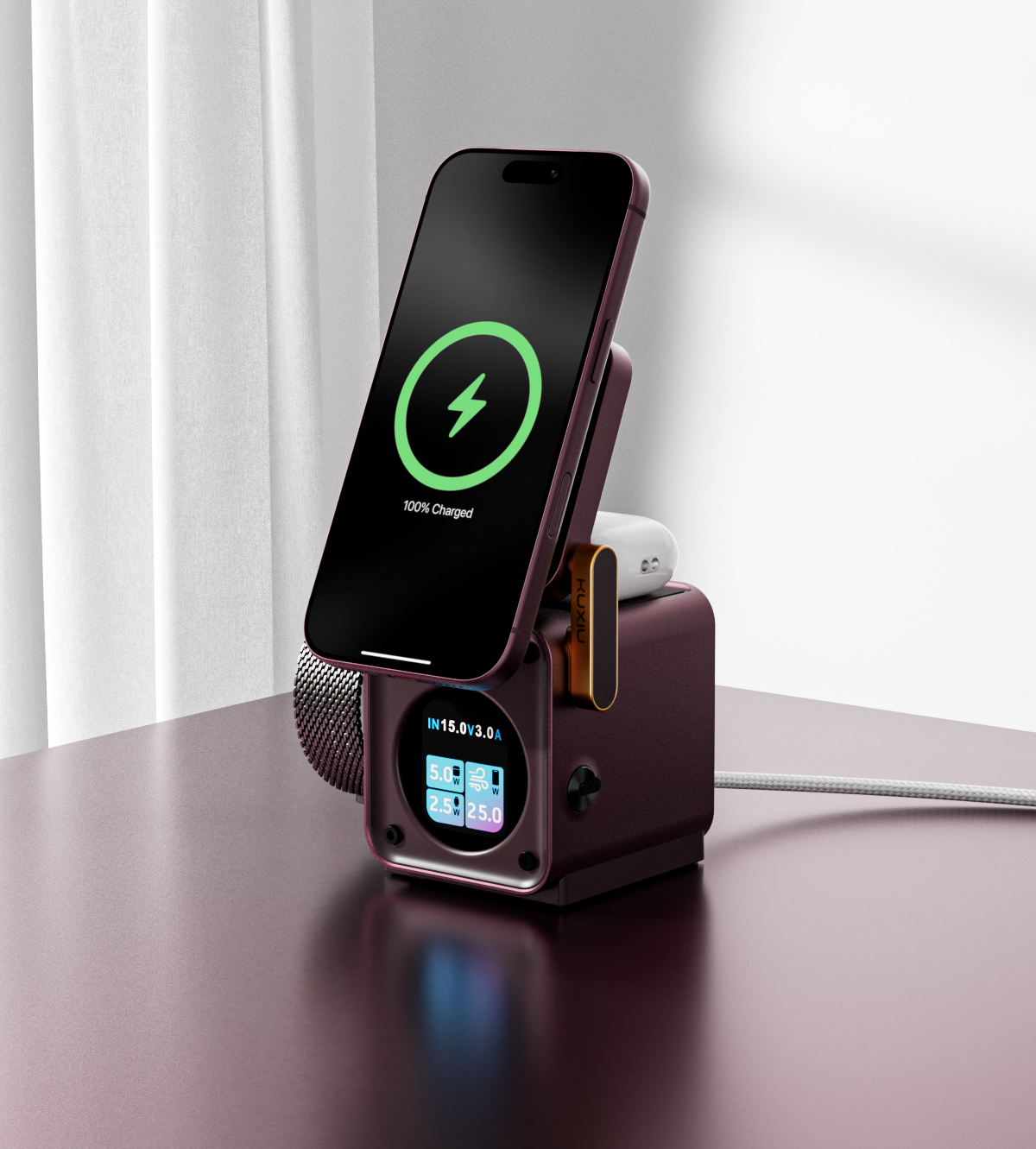 KUXIU D5 Qi2.2 25W 3-in-1 Wireless Charging Station - Burgundy