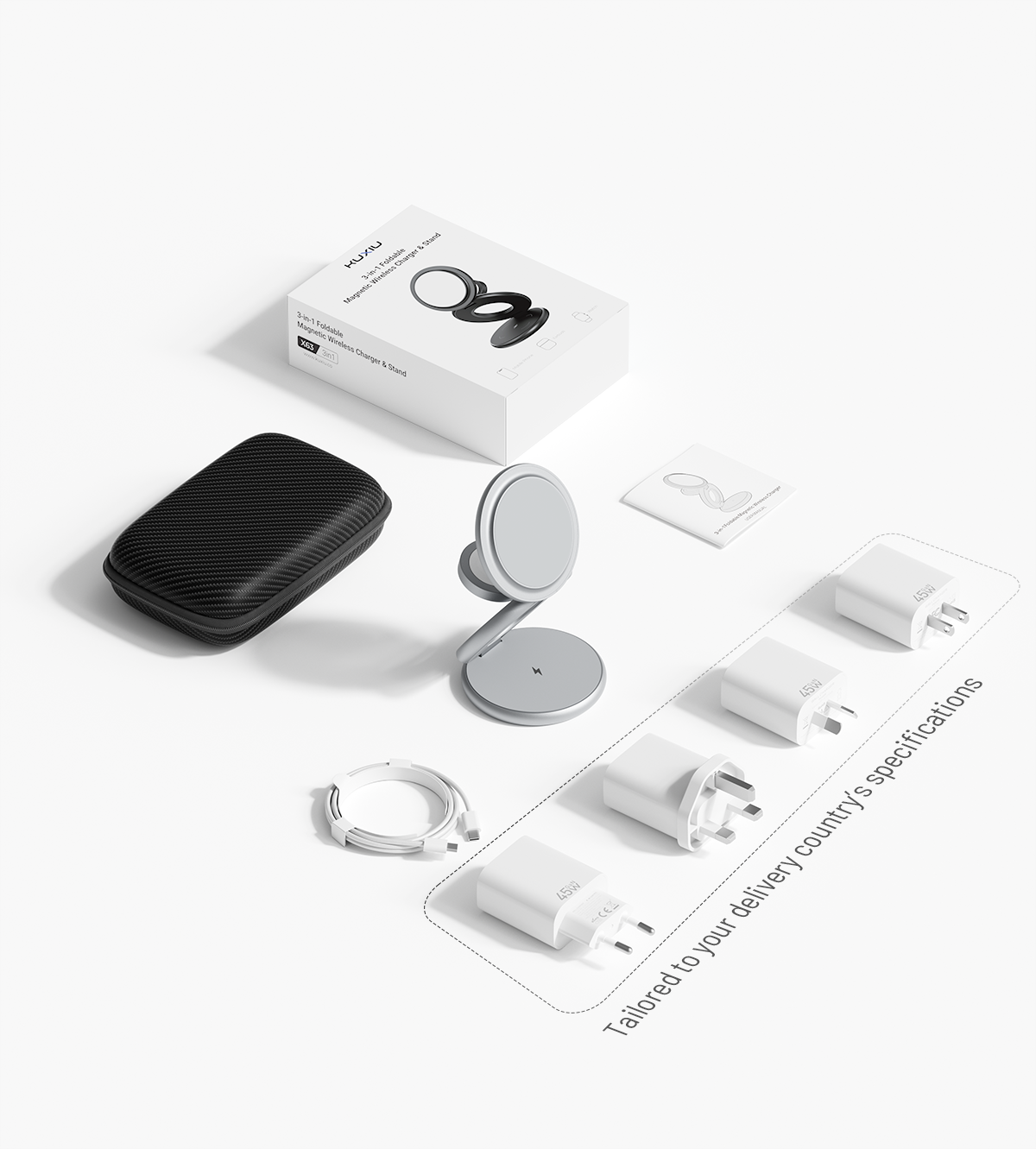 KUXIU X63 faltbare magnetische 3-in-1-MagSafe-Ladestation – Silber