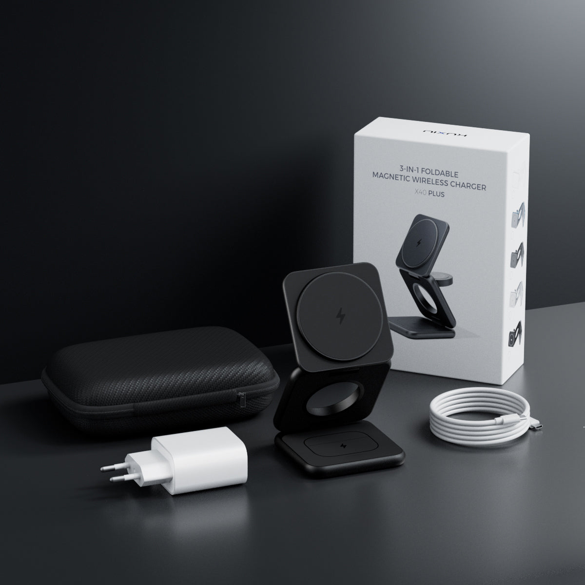 KUXIU X40 Plus składana podstawka ładująca MagSafe 3 w 1 – czarna