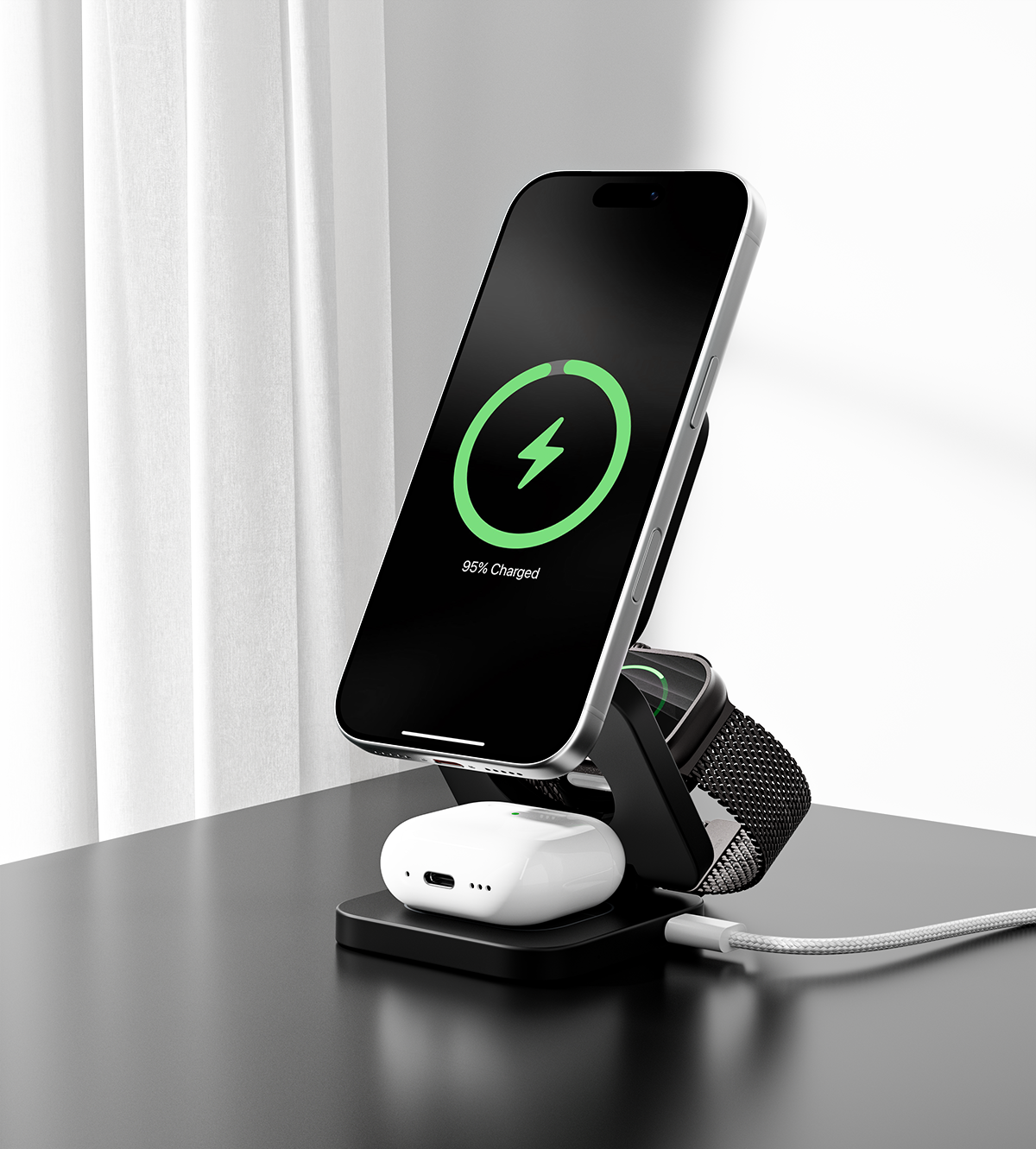 KUXIU X55 Turbo Qi2.2 Certified 25W 3-in-1 MagSafe Foldable Wireless Charging Stand - Black