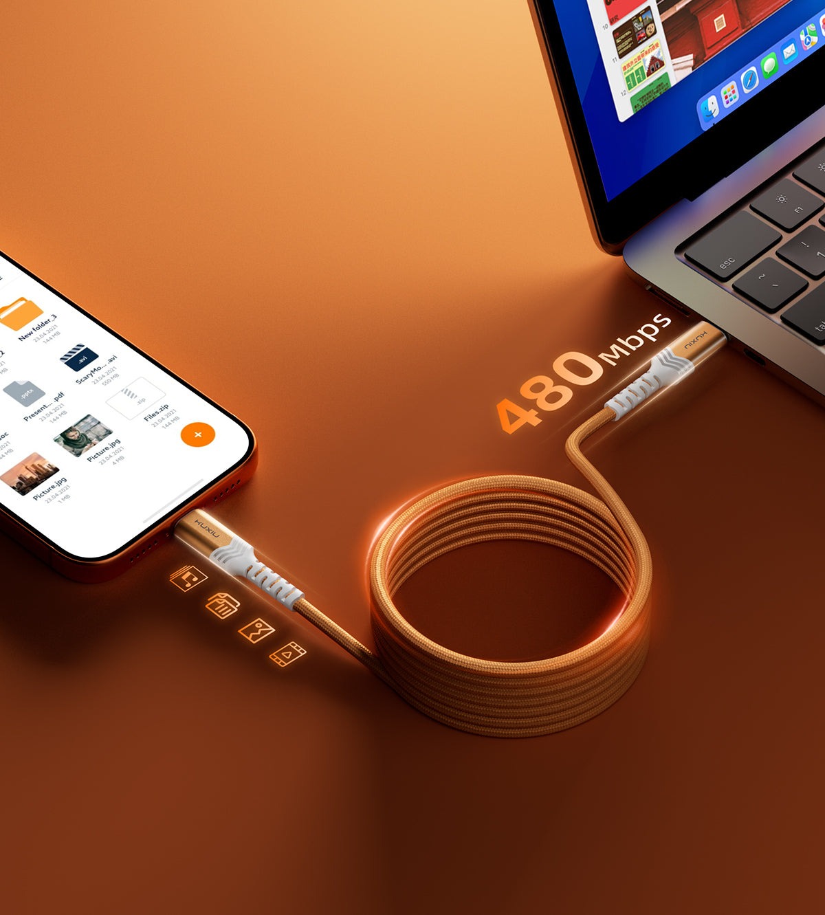 KUXIU 240W 4.92/1.5m Magnetic Auto-Coiling Cable - Cosmic Orange