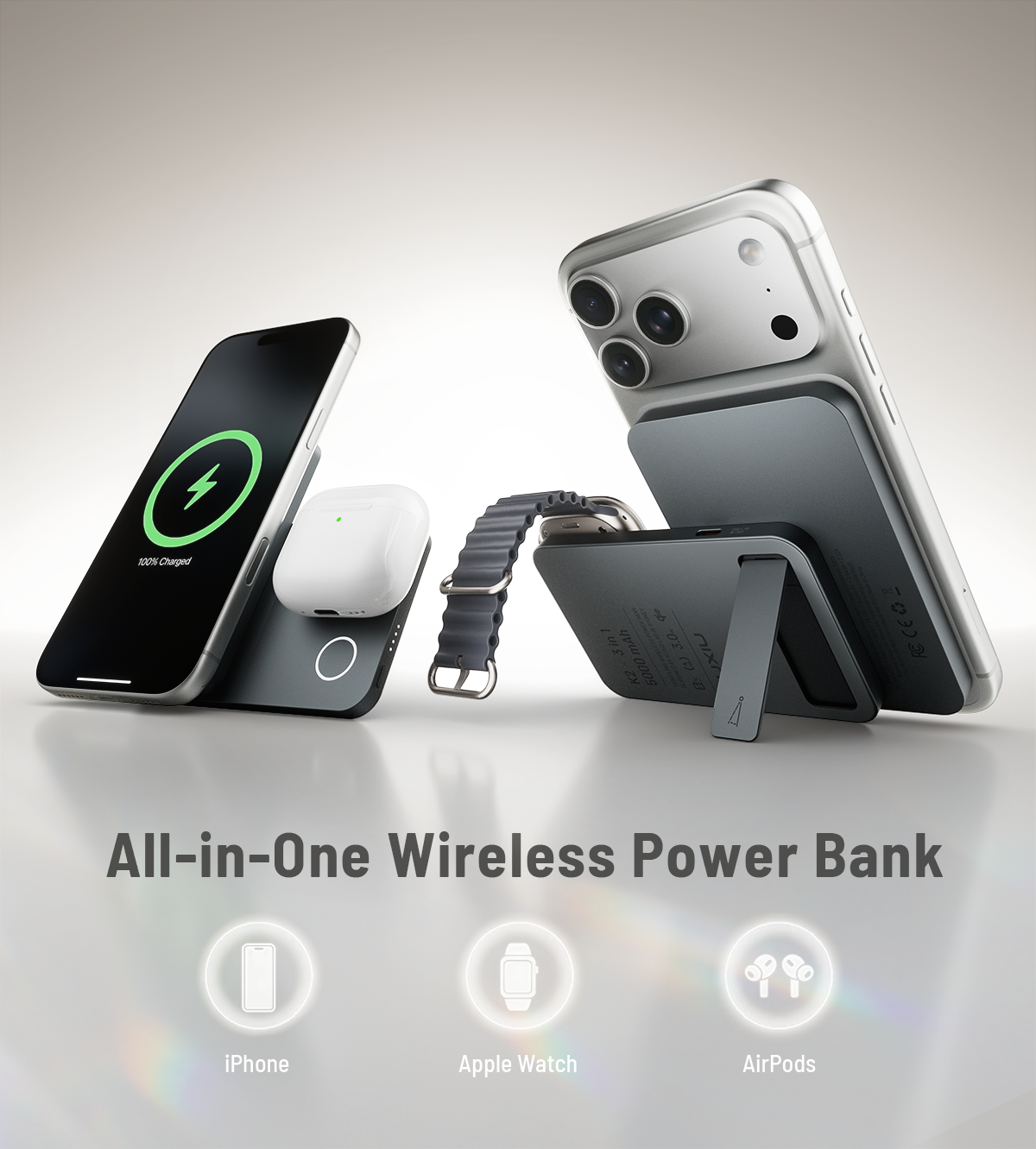 KUXIU K2 3-in-1 MagSafe Powerbank mit Qi2 15W Schnellladung - Grau