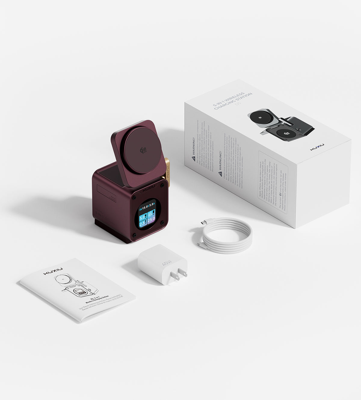 KUXIU D5 Qi2.2 25W 3-i-1 trådløs opladningsstation - bordeaux