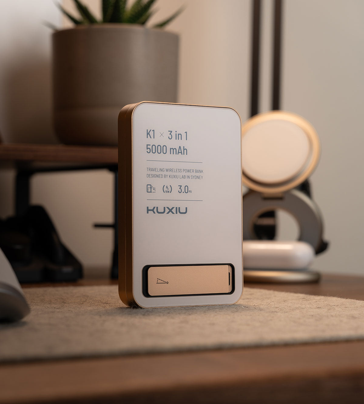 KUXIU K1 15W Fast Charging 3-in-1 MagSafe Wireless Power Bank - 5000mAh - Desert Titanium