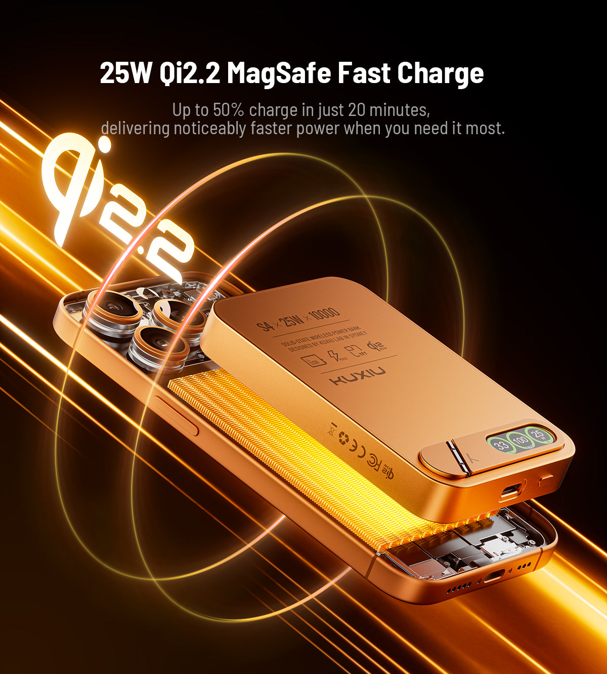 KUXIU S4 Qi2.2 25W 10000mAh Aluminum Alloy Semi-Solid Safe Wireless Power Bank — Cosmic Orange