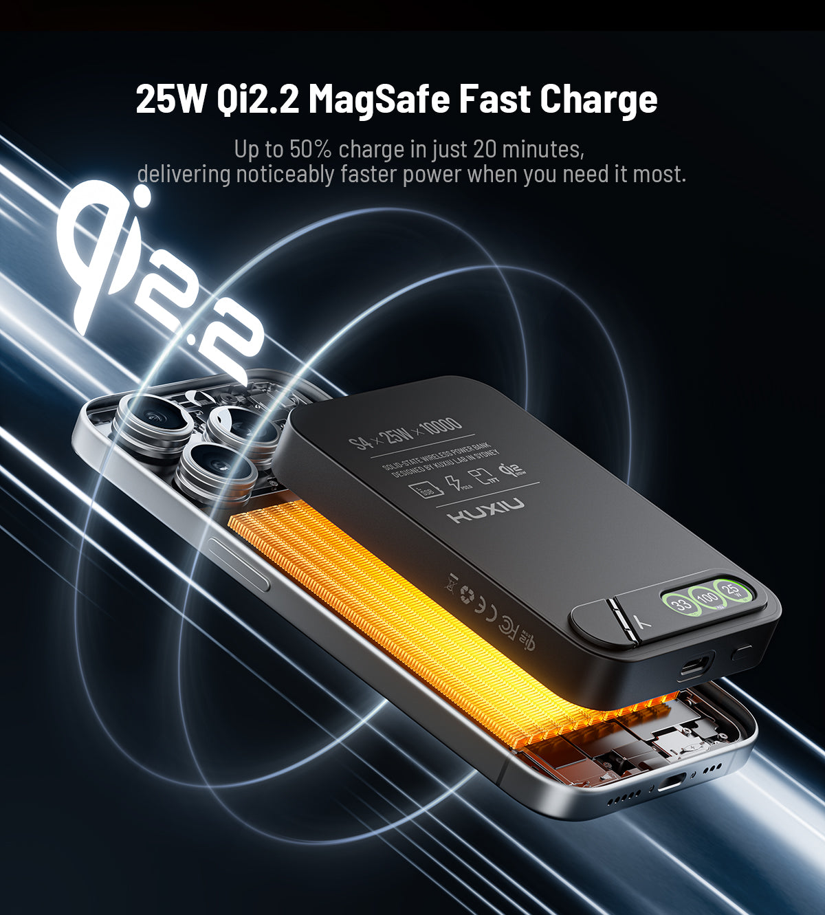 KUXIU S4 Qi2.2 25W 10000mAh Aluminum Alloy Semi-Solid Safe Wireless Power Bank — Black