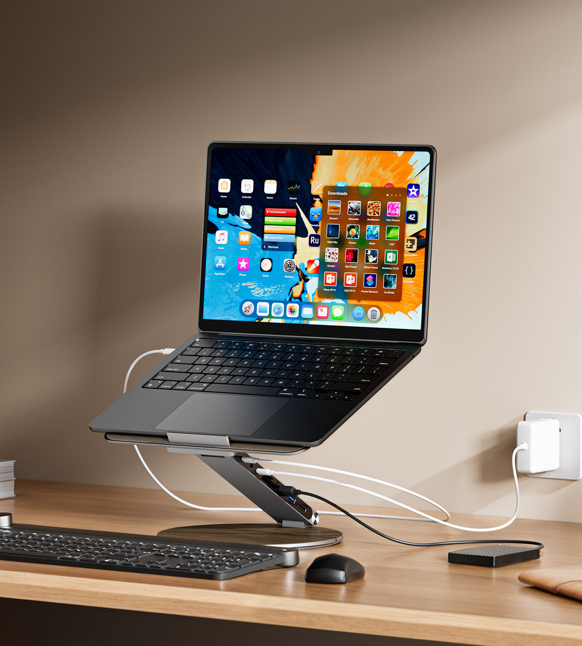 KUXIU X53 Supporto ergonomico per laptop con hub 8-in-1 integrato - Venatura del legno