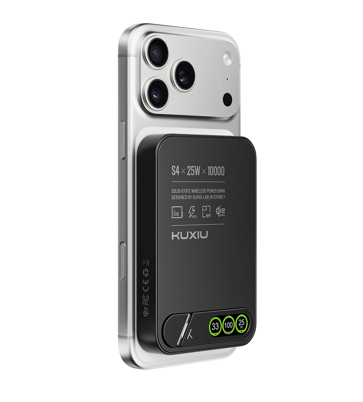 KUXIU S4 Qi2.2 25W 10000mAh Aluminum Alloy Semi-Solid Safe Wireless Power Bank — Black