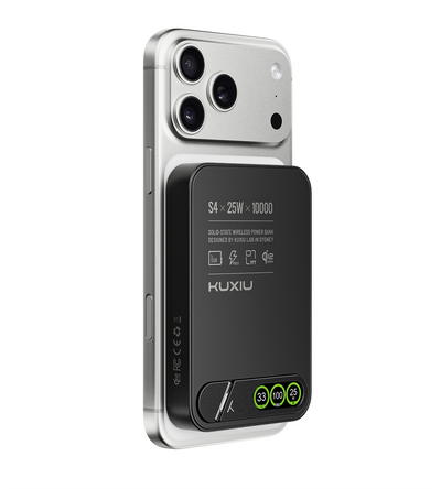 KUXIU S4 Qi2.2 25W 10000mAh Aluminum Alloy Semi-Solid Safe Wireless Power Bank — Black
