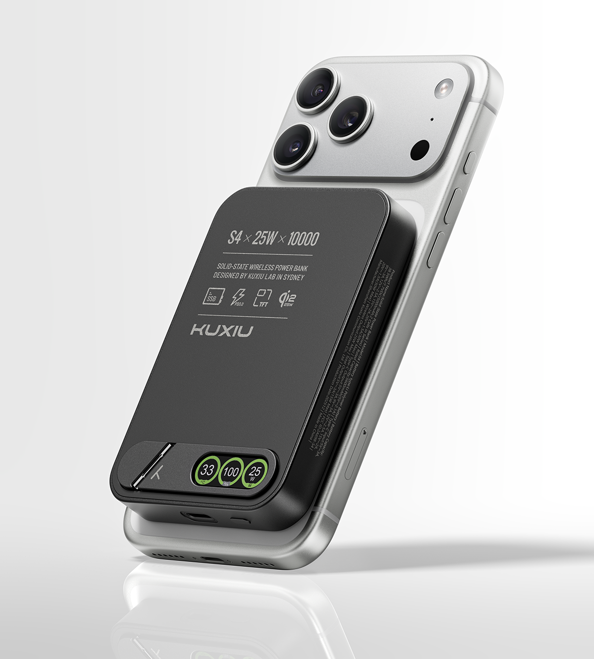 KUXIU S4 Qi2.2 25W 10000mAh Aluminum Alloy Semi-Solid Safe Wireless Power Bank — Black