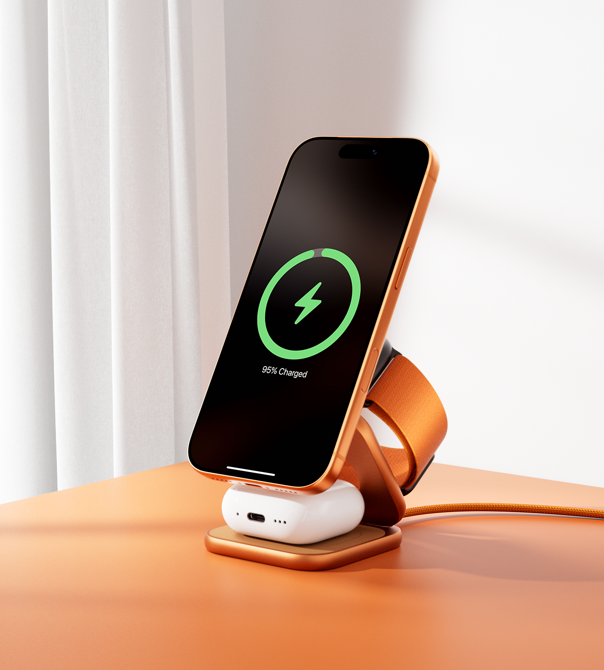 KUXIU X40 Turbo Qi2.2 Certifikovaná 25W 3-v-1 Skládací Bezdrátová Nabíjecí Stanice MagSafe – Kosmická Oranžová