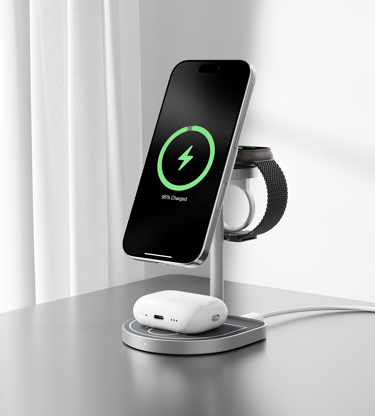 KUXIU 3-Point Power 크리에이티브 3-in-1 MagSafe 충전 거치대 - 그레이